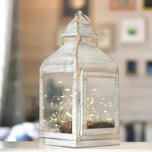 Behoma Vintage Style Candle Lantern Metal and Glass for Home Decor, Lantern for Table-top and Wall-Hanging | Indoor and Outdoor | Rustic White Small & Large (Candle/Lights NOT Included) (Set of 2)