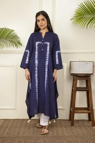 Blue Shibori Tie And Dye Cotton A-Line Kurta - X-Small