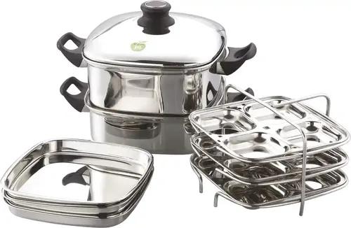 JVL Stainless Steel Square Steamer/Idli Maker - 3 Idli and 3 Dhokla Plates - Small Size