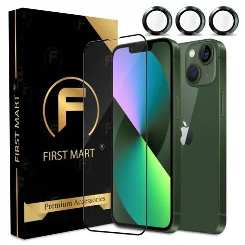 FIRST MART for iPhone 13 Mini Tempered Glass and 1 Set of Individual Green Camera Rings Protectors, 2.5D Curved Edges, Full-Coverage Military-Grade Protection, Scratch Resistant | Green Rings