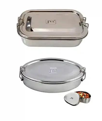 Jvl Stainless Steel Rectangular Single Layer Lunch Box With Inner Plate & Big Oval Lunch Box With Small Container Not Leak Proof - Pack Of 2