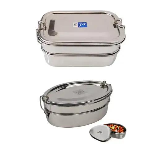 Jvl Stainless Steel Rectangular Shape Double Layer Lunch Box With Inner Plate & Small Oval Shape Lunch Box With Mini Container Not Leak Proof - Pack Of 2