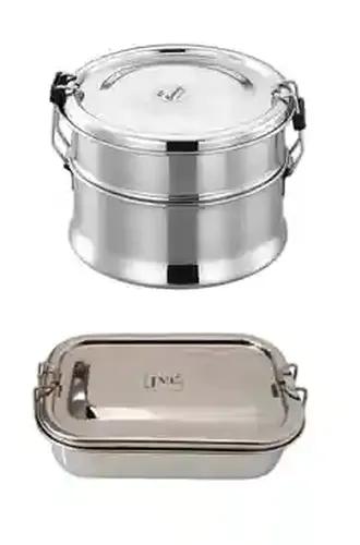 Jvl Stainless Steel Rectangular Shape Single Layer & Small & Round Shape Double Layer Lunch Box With Inner Plate - Set Of 2