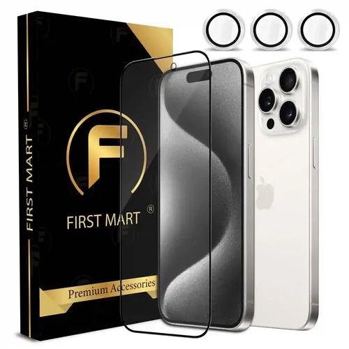 FIRST MART for iPhone 15 Pro Max Tempered Glass and 1 Set of Individual White Titanium Camera Rings Protectors, 2.5D Curved Edges, Full-Coverage Military-Grade Protection, Scratch Resistant