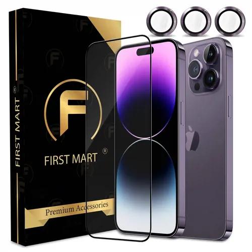 FIRST MART for iPhone 14 Pro Tempered Glass and 1 Set of Individual Deep Purple Camera Rings Protectors, 2.5D Curved Edges, Full-Coverage Military-Grade Protection, Scratch Resistant | Purple Rings