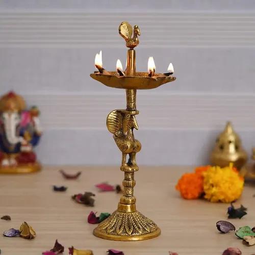 WEBELKART Premium Peacock Indian Traditional Metal Table Deepak Samay Mahabharat Kerala Diya Oil Diwali Puja Lamp, Golden| Lamp for Diwali - 10 Inches