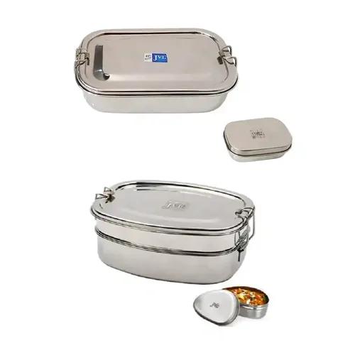 Jvl Stainless Steel Rectangular Single Layer Lunch Box With Small Container & Big Deluxe Double Layer Lunch Box With Mini Container Not Leak Proof - Pack Of 2