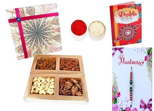 Mantouss Rakhi For Brother With Gift/Dry Fruit Box-Dry Fruit Combo-Cashew,Almond,Walnut And Raisin(50 Gms Each)+Rakhi+Roli+Chawal+Rakhi Card