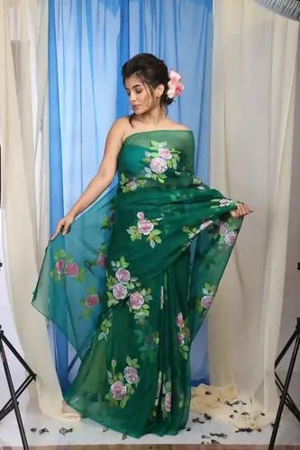 Pure Organza Hand-Painted Bottle Green Saree With Pink Roses