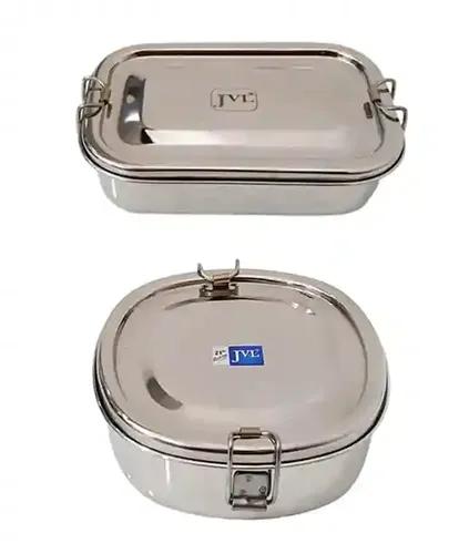 Jvl Stainless Steel Rectangular Single Layer Lunch Box With Inner Plate & Big Chakra Lunch Box Not Leak Proof - Pack Of 2