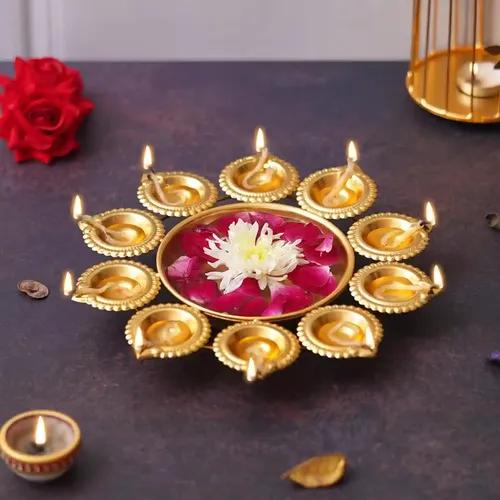 WEBELKART Gold Plated Round Diya Shape Decorative Urli Bowl for Home Handcrafted Bowl for Floating Flowers Home, Office and Table Decor| Diwali Decoration (10 Inches Gold Plated)