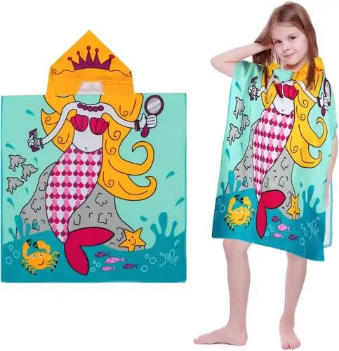 Ji and Ja Kids Hooded Beach Bath Towel Absorbent Washcloth Cotton Cloak Pool Toddler Swim Towel for Boys Girls 1-7 Years Kids Mermaid Print