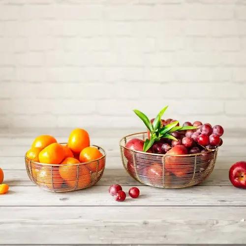 Behom Multi-Purpose Metal Golden Round Wire Decorative Fruit Basket Set of 2 | Vegetable Bowl for Table Top | Gold, Large,(25.5CM X 10 CM), Medium (20.5 X 8.5 CM).