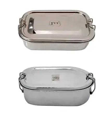 Jvl Stainless Steel Rectangular Single Layer Lunch Box With Inner Plate & Big Kar Single Box Not Leak Proof - Pack Of 2