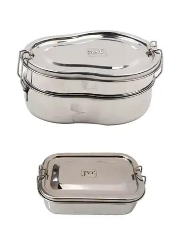 Jvl Stainless Steel Rectangular Shape Single Layer & Small Guitar Shape Double Layer Lunch Box With Inner Plate - Set Of 2