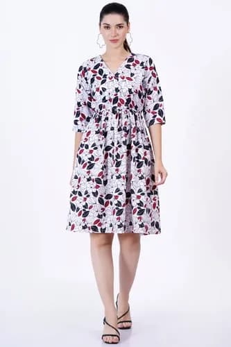 Floral Print Knee Length V-Neck Dress for Women