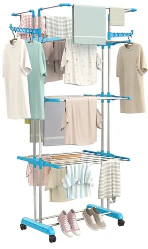 Synergy - Premium Heavy Duty Stainless Steel Foldable Cloth Drying Stand/Clothes Stand for Drying/Cloth Stand/Clothes Dryer/Laundry Racks (4 Tier) Blue - SY-CS19-L4
